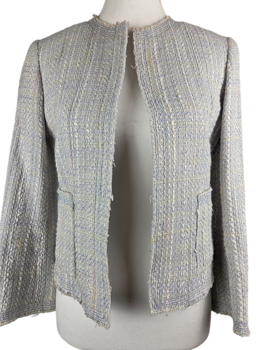 Zara Woman Pastel Tweed Open-Front Fringe Blazer Jacket